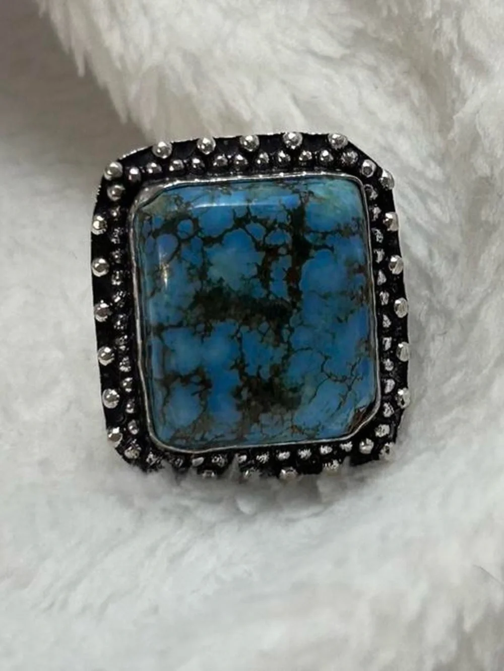 Turquoise Statement Ring with 925 Silver Beaded Halo